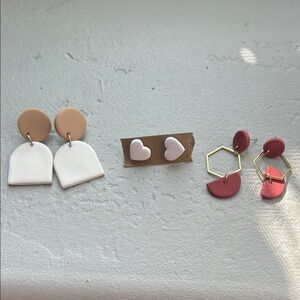 Set of Geometric and Heart Earrings in Red, White, and Tan